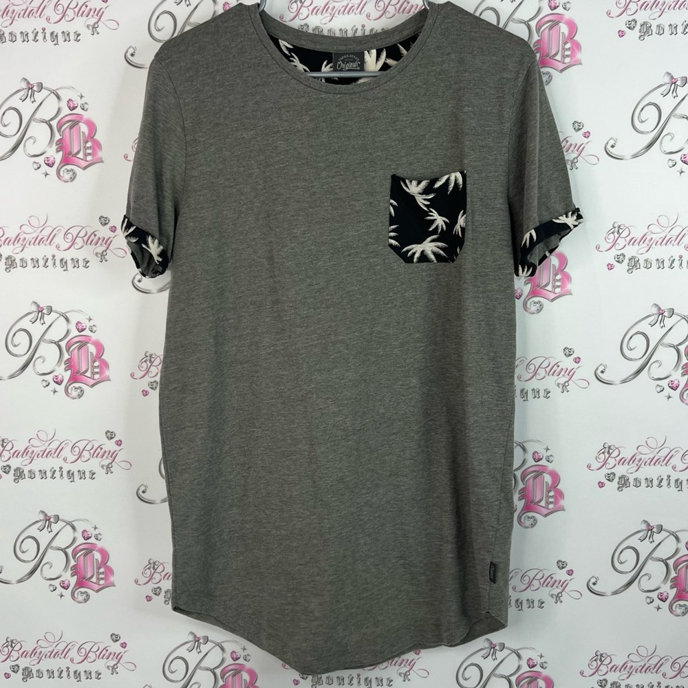 Jack and Jones tee palm trees pockets Gray T-Shirt with Leaf Print Pocket